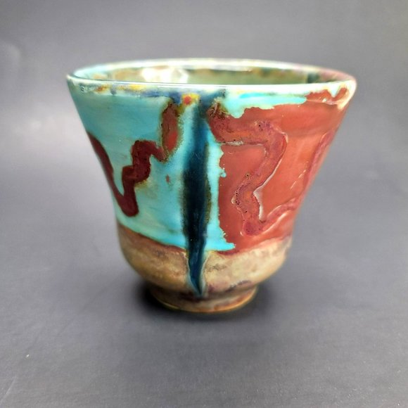 Sooz Glazebrook Footed Pot Bowl Art Pottery Artisan Signed Blue Copper JS8138 - Picture 3 of 7